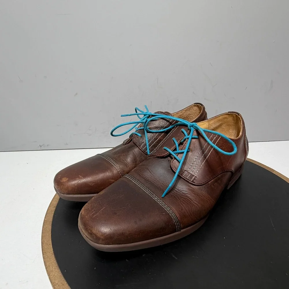 John Fluevog Cap‎ Toe Oxford Men Size 11 Leather Lace Up Brown Blue Minimalist